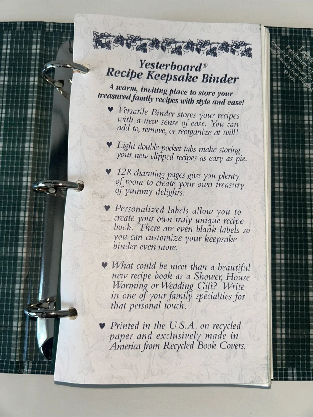 Vintage Recycled Paper Recipe Book Yesterboard Recipe Keepsake Binder 1996